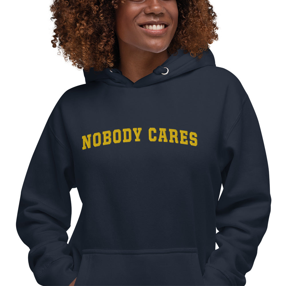Nobody Cares - Unisex Hoodie in Heather Blue + Yellow