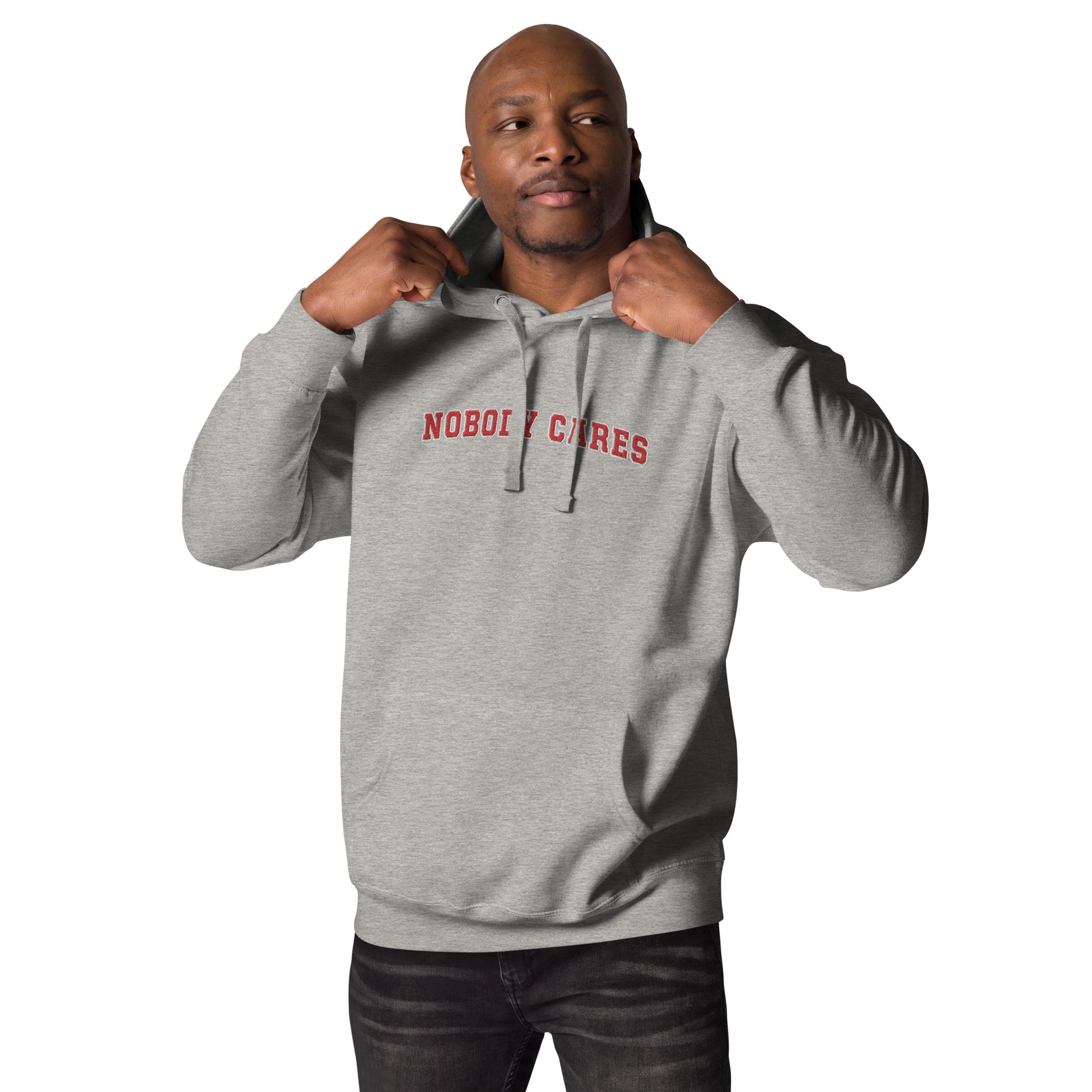 Nobody Cares - Unisex University Hoodie in Heather Grey + Red