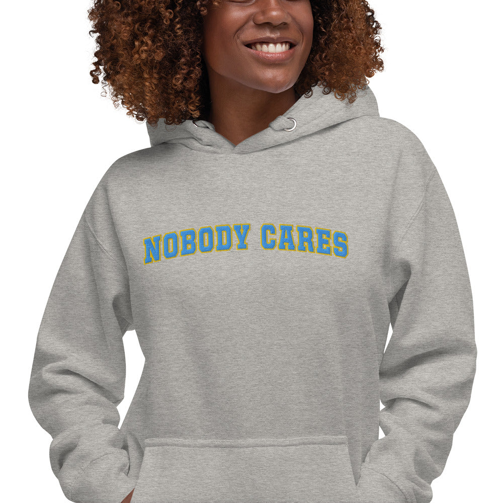 Nobody Cares - Unisex Hoodie in Heather Grey + Blue