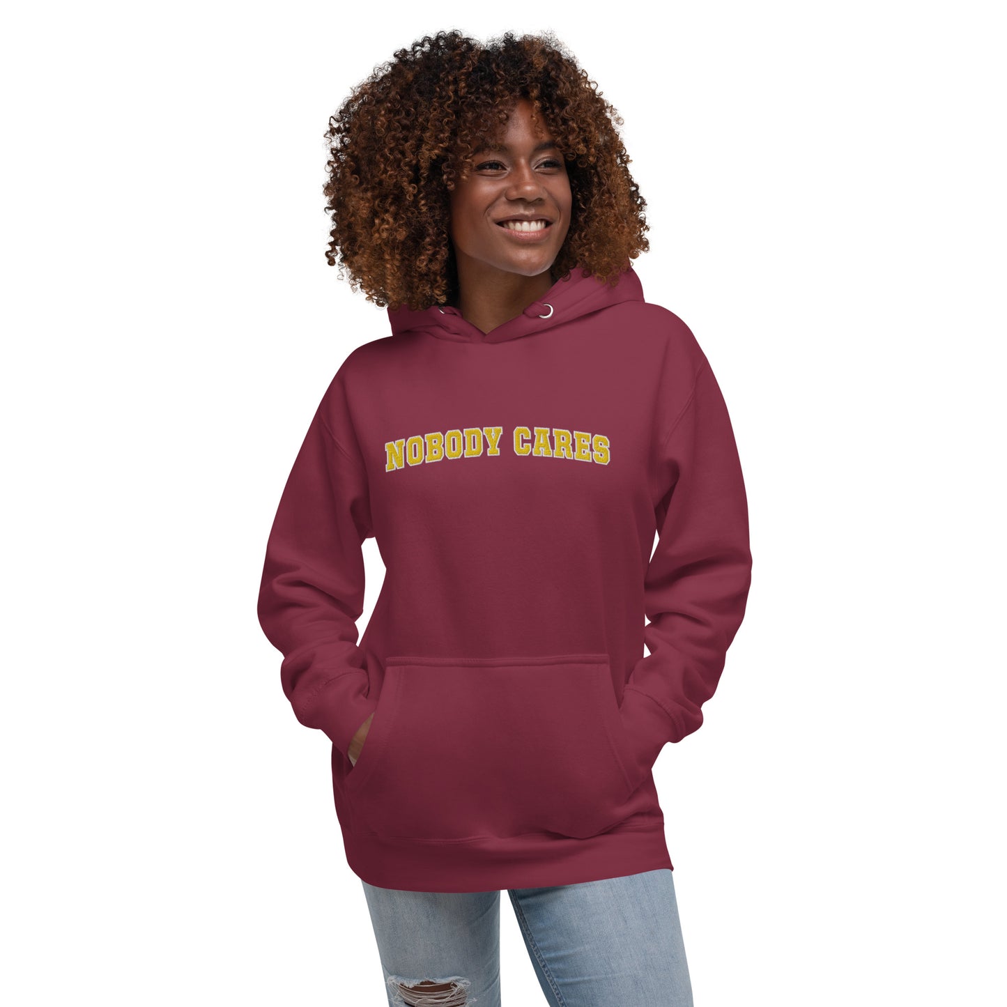 Nobody Cares - Unisex Hoodie in Maroon + Gold